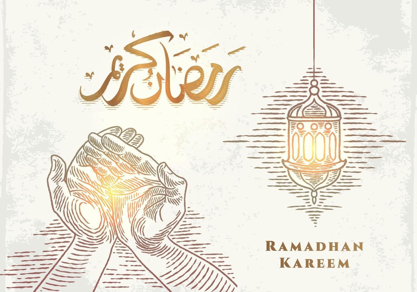 Tarjeta de felicitación de Ramadán Kareem con dibujo de linterna dorada y mano rezando vector