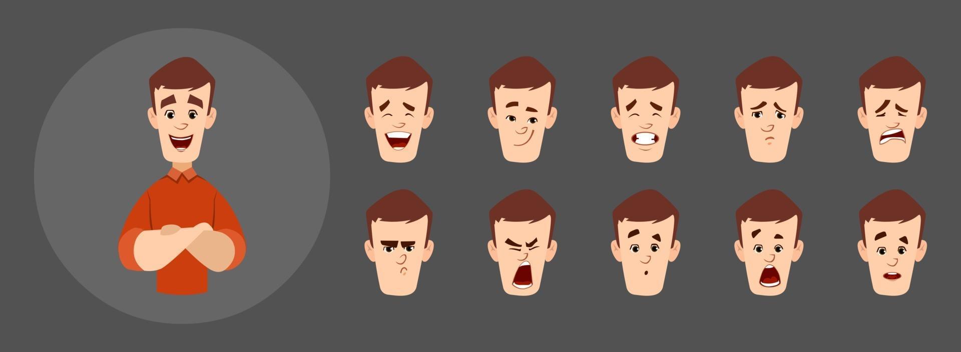 handsome man character with different facial expression set. vector