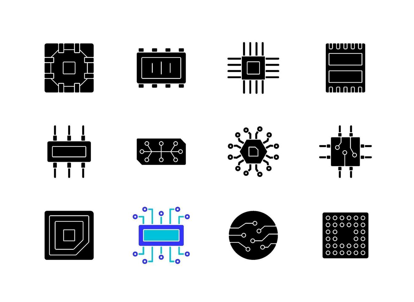 microcircuitos iconos de glifos negros en espacio en blanco vector