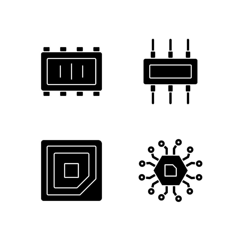 microcircuitos iconos de glifos negros en espacio en blanco vector