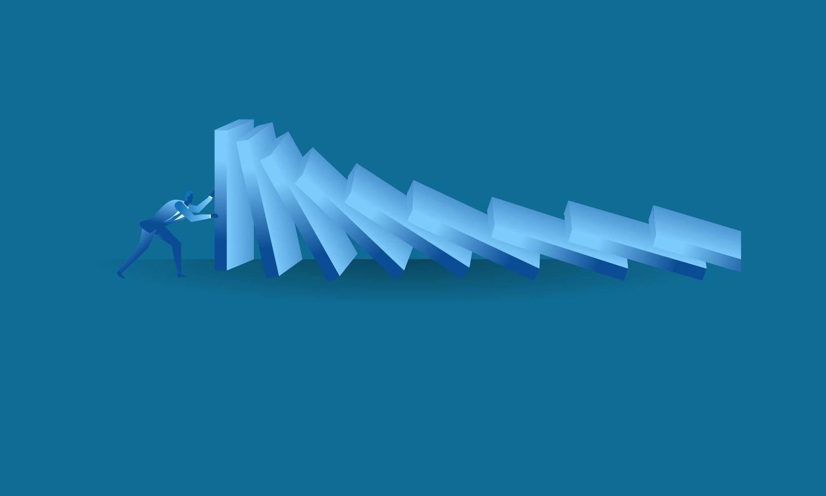 businessman tried to stop domino effect flat illustration about hard work and pressure for presentation vector
