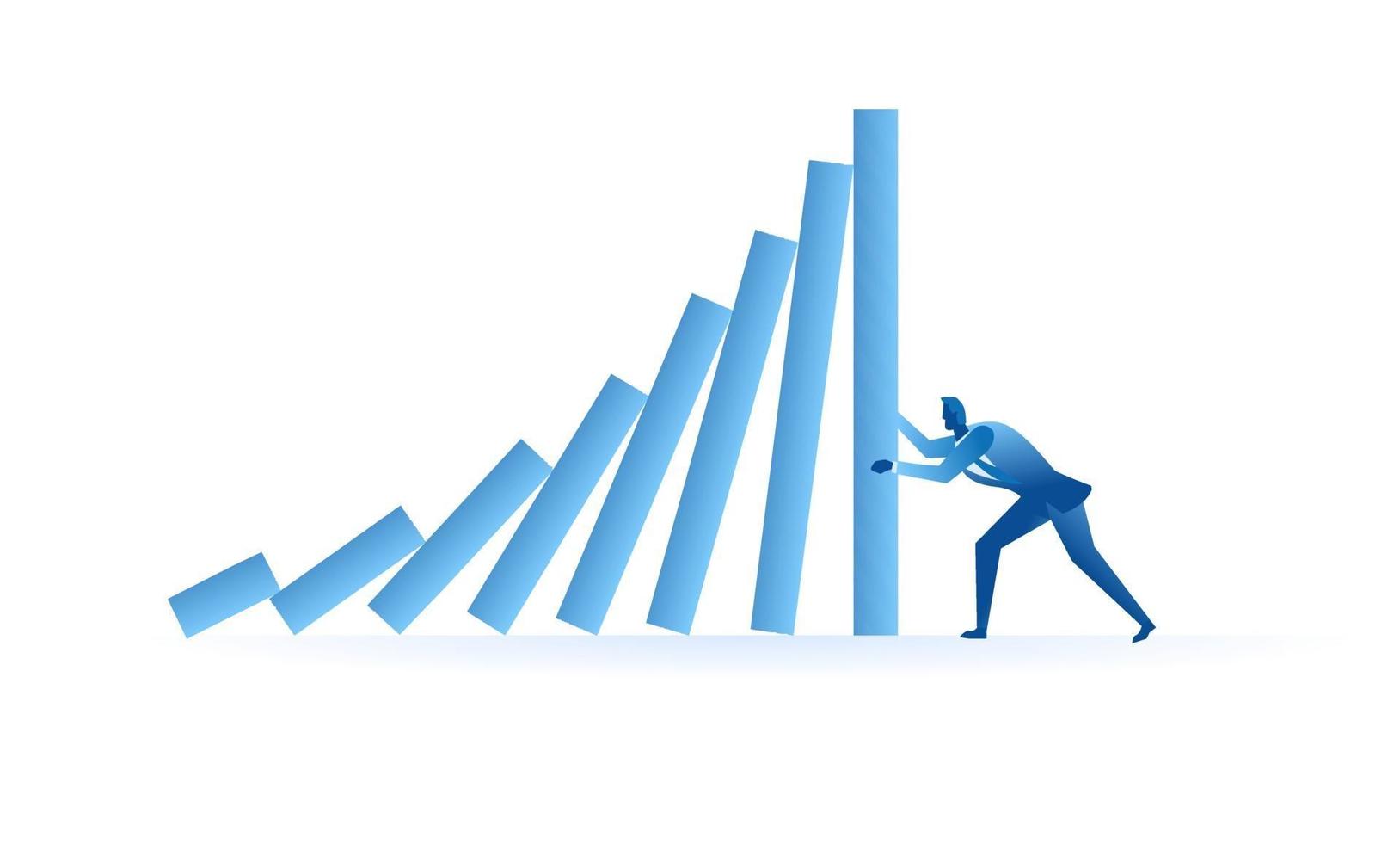 businessman tried to stop domino effect flat illustration about hard work and pressure for presentation vector