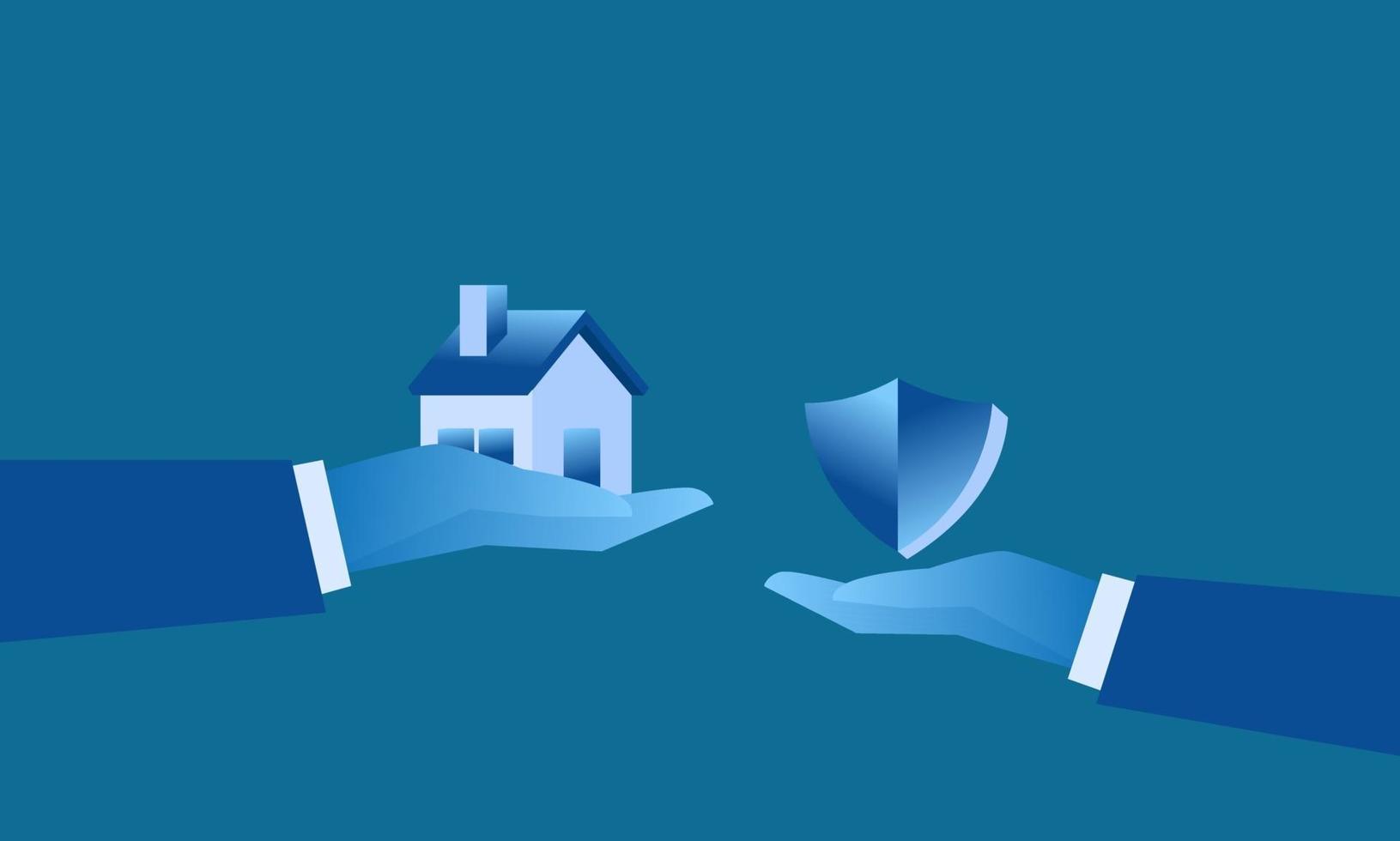 Ilustración de seguro simple protección del hogar mano grande y escudo que protege la casa pequeña vector
