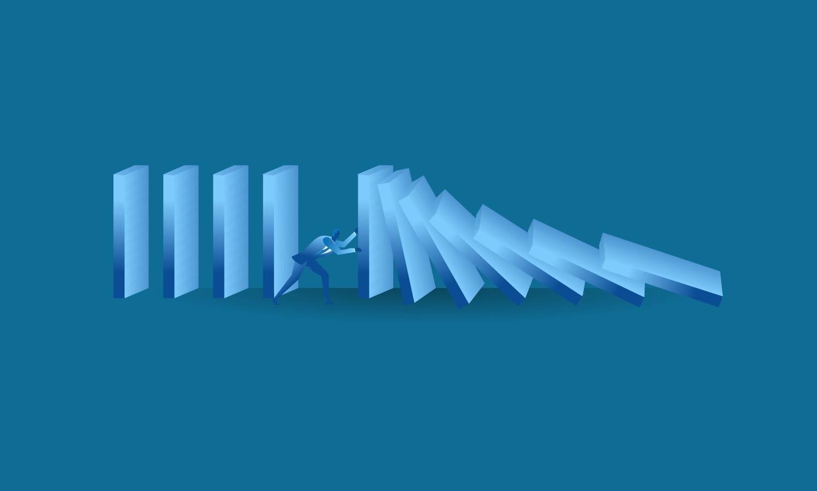 businessman tried to stop domino effect flat illustration about hard work and pressure for presentation vector