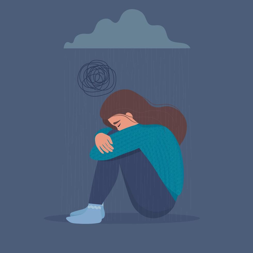 mujer deprimida, triste, infeliz, molesta, llorando sentada bajo una nube oscura con lluvia. psicología, depresión, mal humor, sentimiento de tristeza, pérdida generalizada, estrés. ilustración vectorial plana. vector