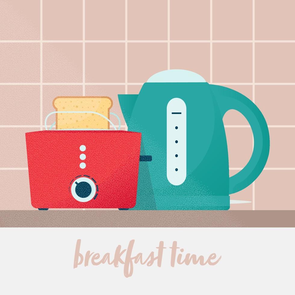 concepto de la hora del desayuno. hervidor de agua y tostadora en la cocina. ilustración vectorial en estilo plano vector