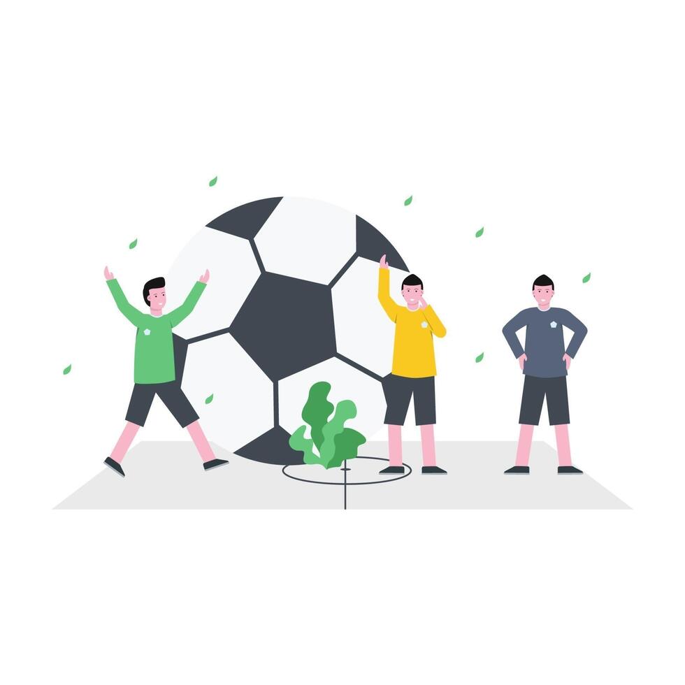Flat vector illustration of the coach training soccer players