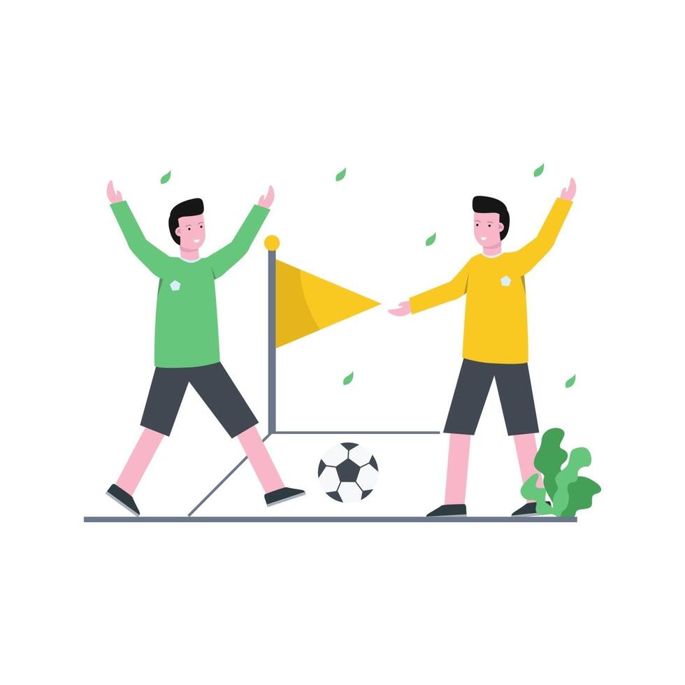 Flat vector illustration of the coach training a soccer player