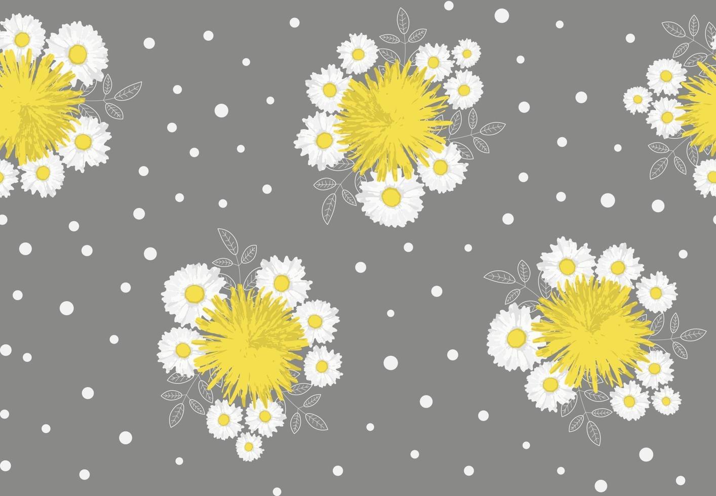 Camomile, dandelion and leaves seamless pattern on grey background. Vector illustration.