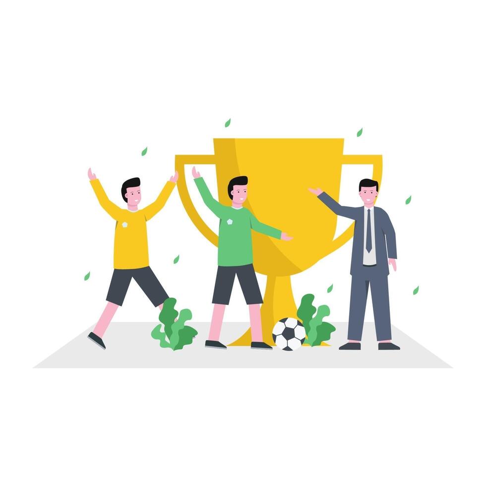 Flat vector illustration of the coach training soccer players