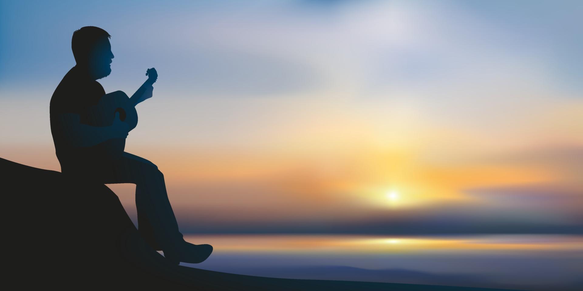 un hombre toca la guitarra frente al mar al atardecer. vector