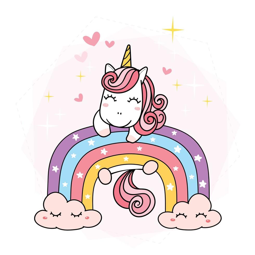 lindo unicornio mágico púrpura en arco iris, ilustración de vector de dibujos animados de contorno de doodle simple