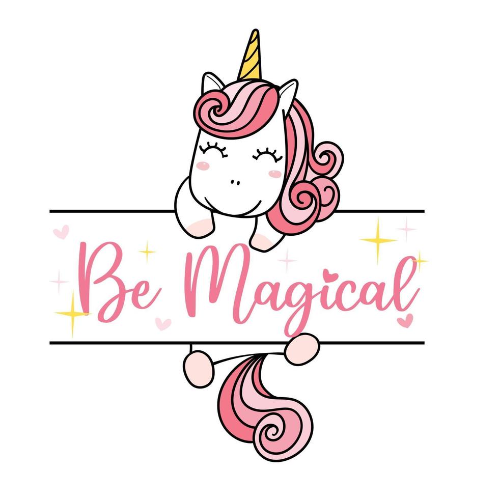 cute pink unicorn hanging on name frame, girl kid monogram template vector