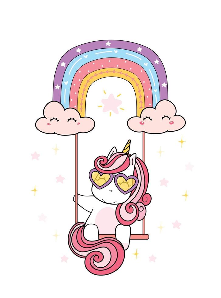 Cute magical pink baby Unicorn with heart glasses sitting on rainbow swing, dream fairytale cartoon doodle vector illustration, nursery style