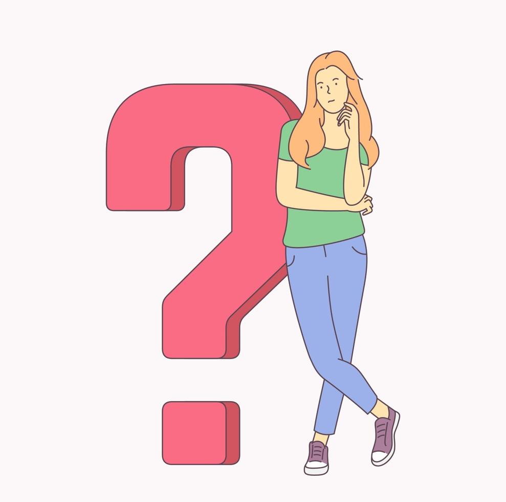 Problem, idea, brainstorm, success set concept. Young woman girl is looking for solution of problem. Flat illustration vector