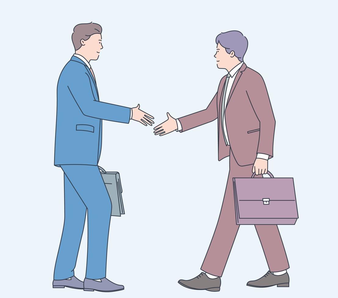 Business deal contract agreement support cooperation management new job concept. Two people man businessman office workers character shaking hands. Flat vector illustration.