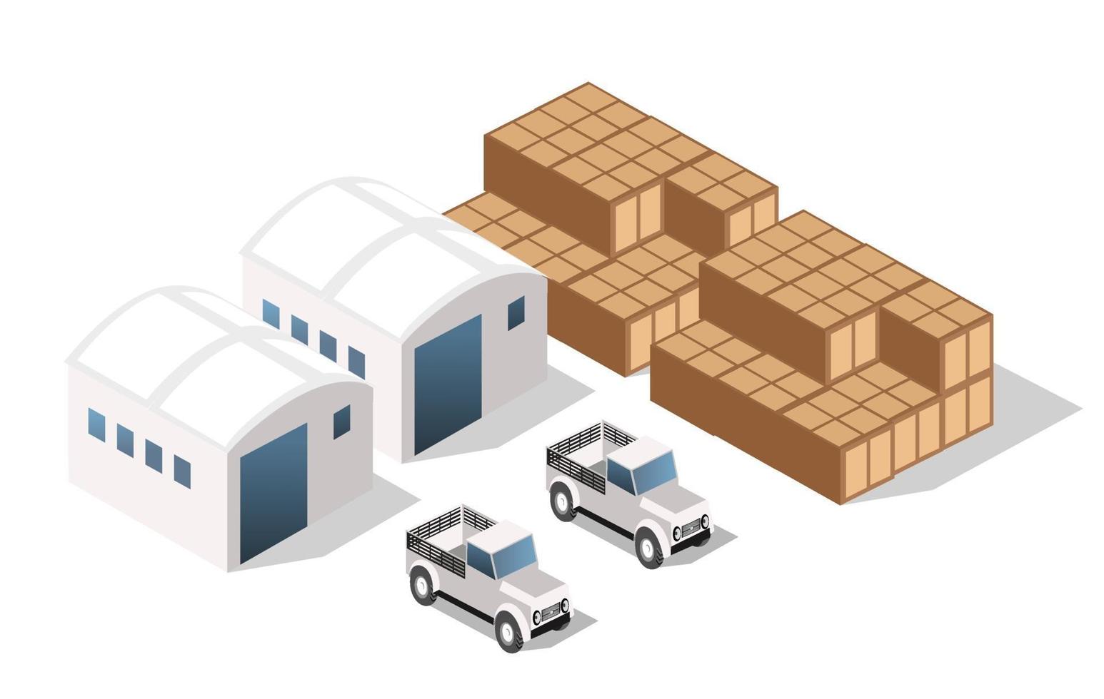 Landscape of industrial objects plant, factories, parking lots and warehouses. Isometric top view the city with streets, buildings and trees. Town construction industry vector