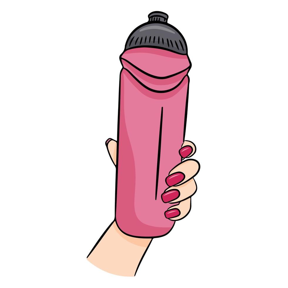 Pink fitness water bottle in a beautiful female hand. Vector illustration isolated on a white background.