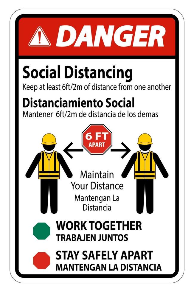 Danger Bilingual Social Distancing Construction Sign vector
