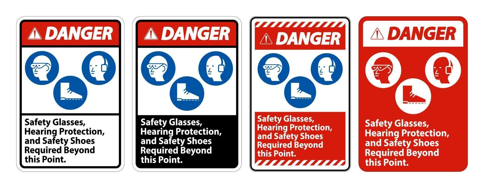 Señal de peligro, gafas de seguridad, protección auditiva y calzado de seguridad necesarios más allá de este punto sobre fondo blanco. vector