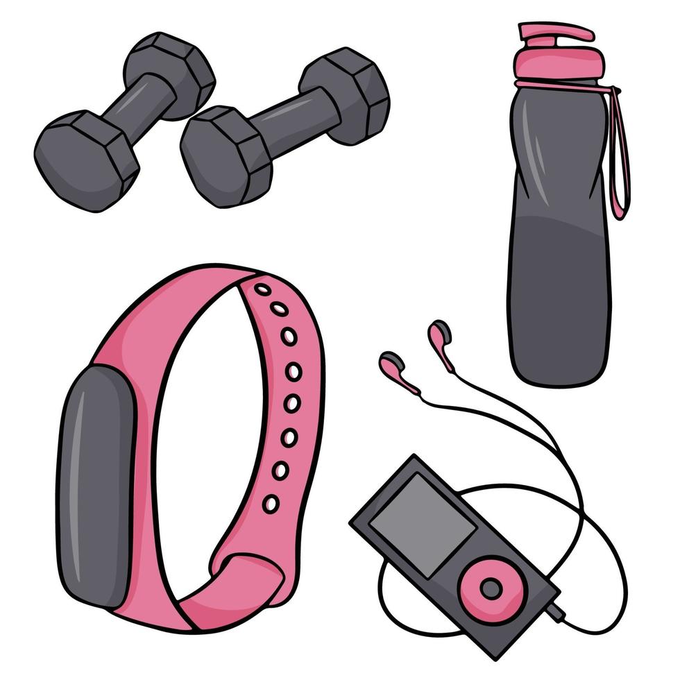 vector conjunto de accesorios de fitness en estilo de dibujos animados. ilustración vectorial aislado en un fondo blanco.