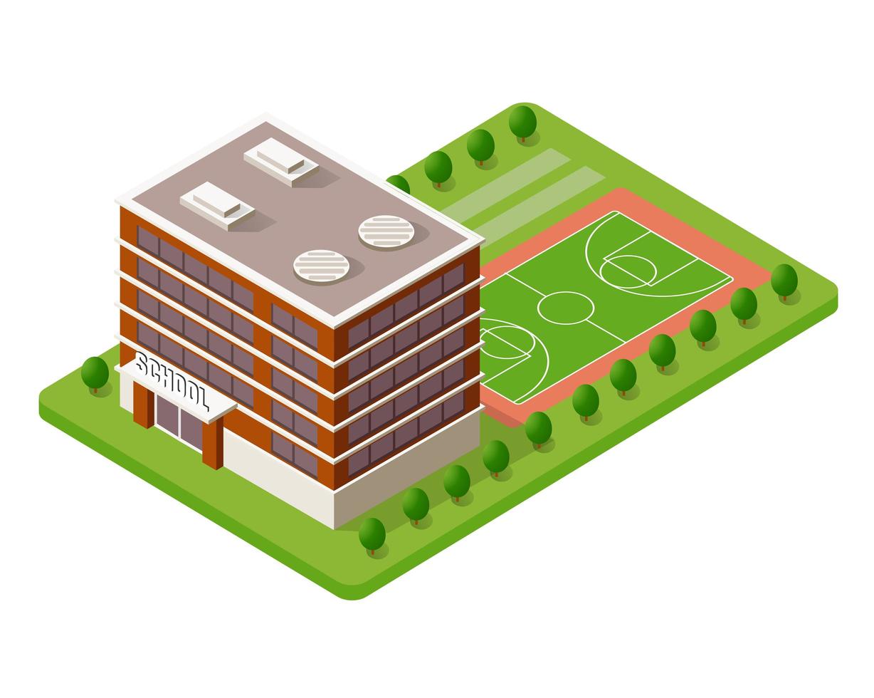 School isometric building study education urban infrastructure for conceptual design vector illustration with houses and streets.