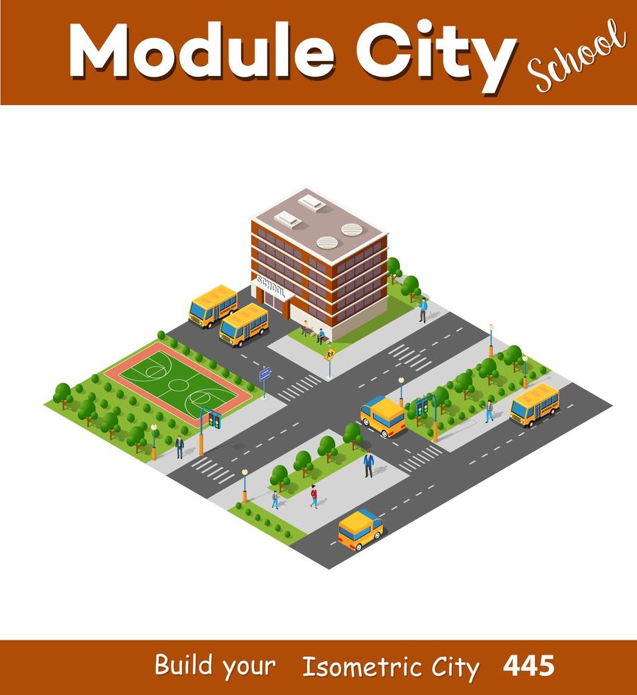 escuela edificio isométrico estudio educación infraestructura urbana para diseño conceptual ilustración vectorial con casas y calles. vector