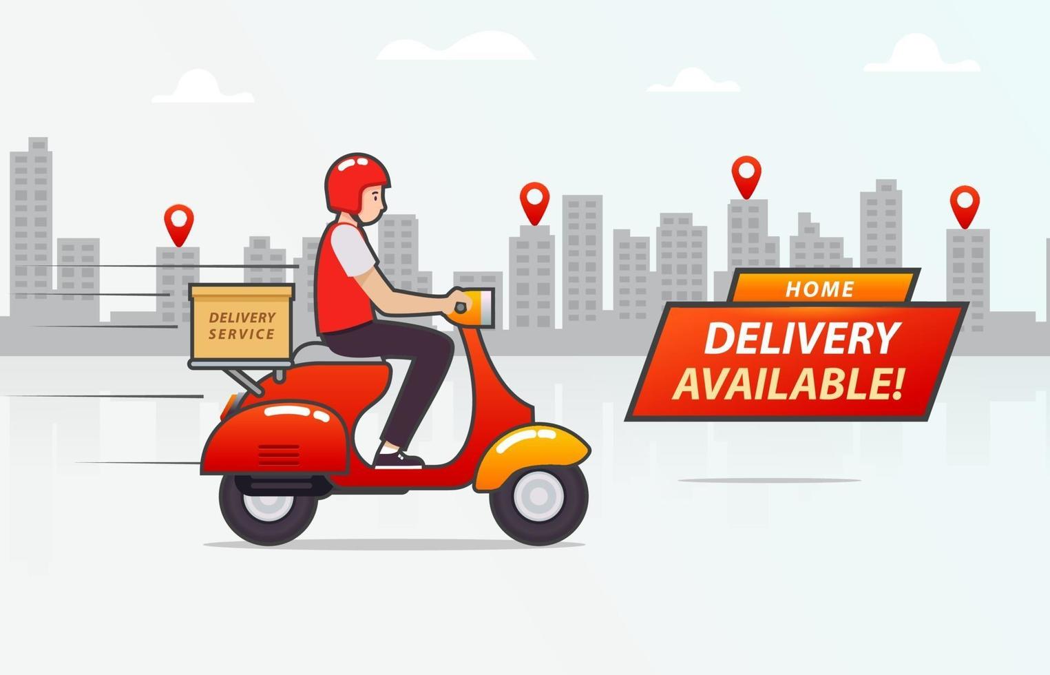 Delivery Boy Riding Scooter with Cityline Background vector