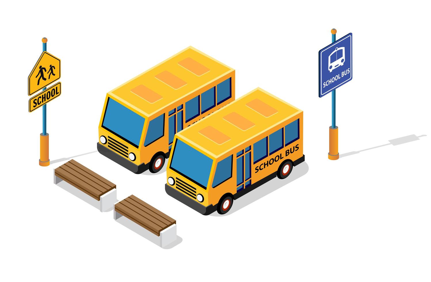 School bus on the street parking lot for schoolchildren and students. Vector illustration of study education.