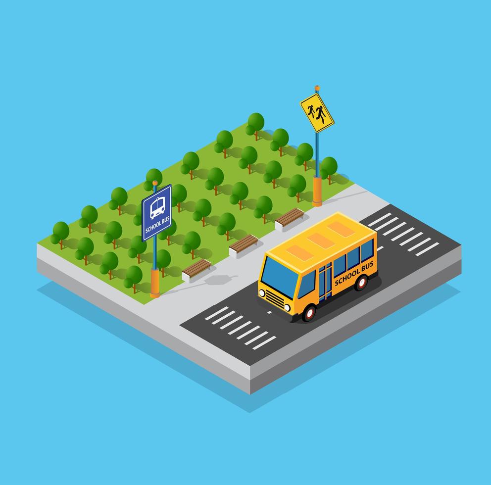 School bus on the street parking lot for schoolchildren and students. Vector illustration of study education.