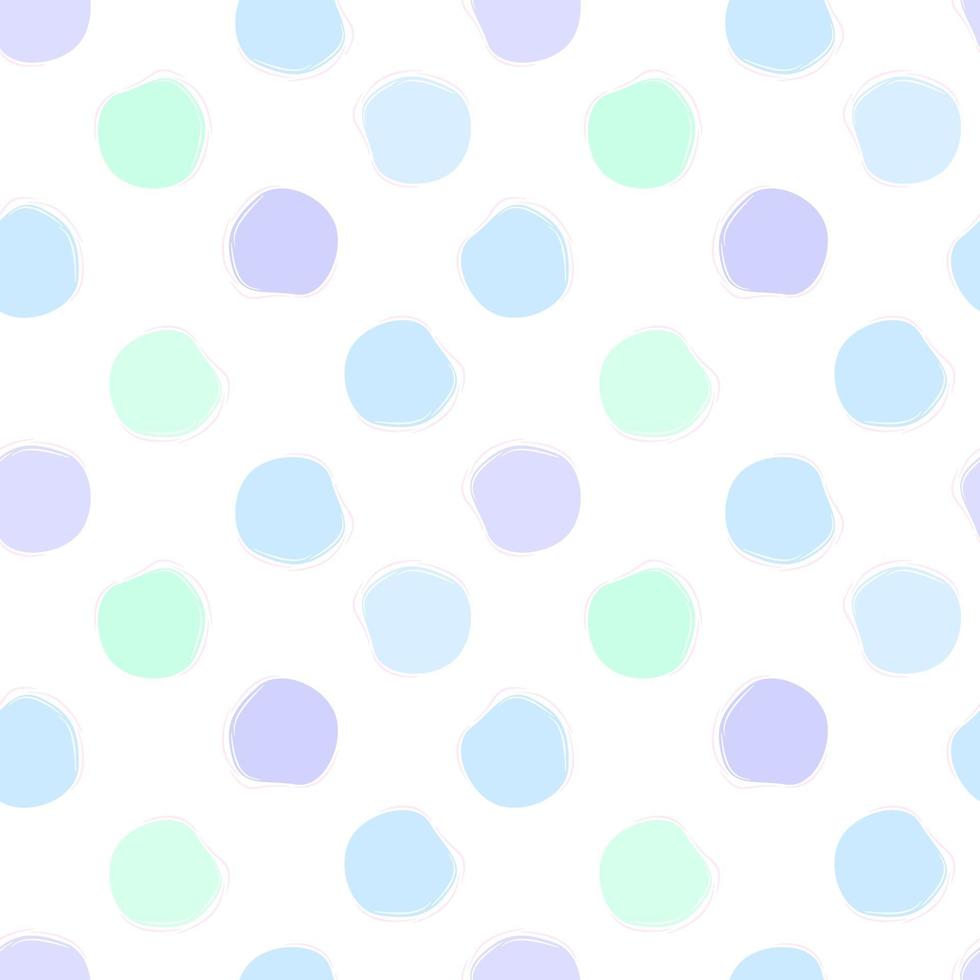 Vector seamless pattern of abstract round spots in three colors blue, purple and green. Delicate, static ornaments.