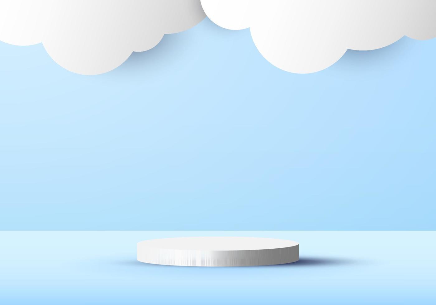 3D blue scene background with white cylinder podium and cloud paper cut style. vector