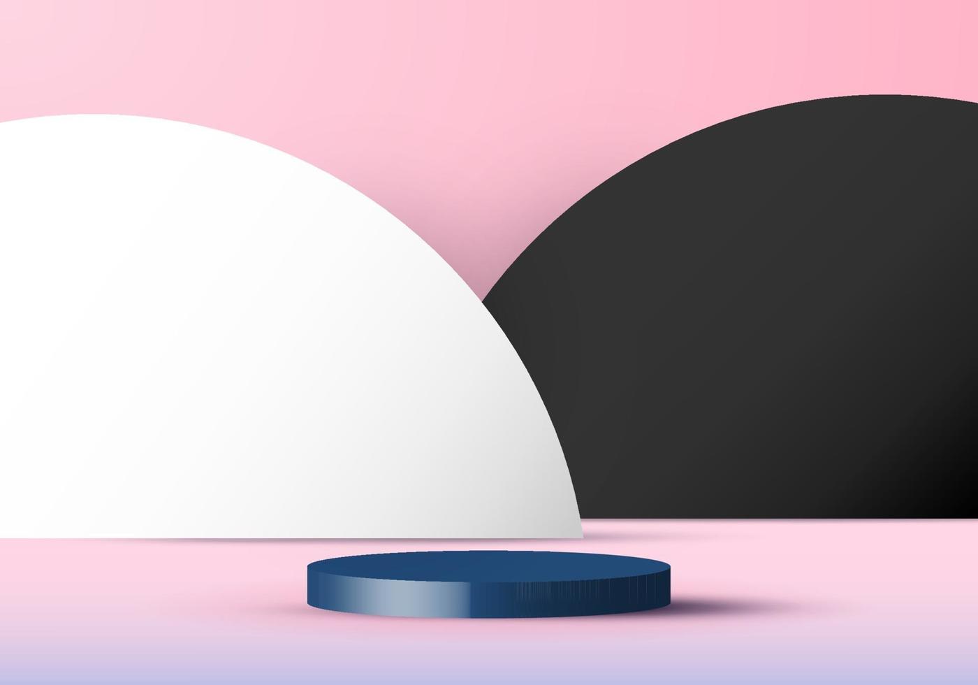 3D pink scene background with white cylinder podium and black and white circle backdrop paper cut style vector