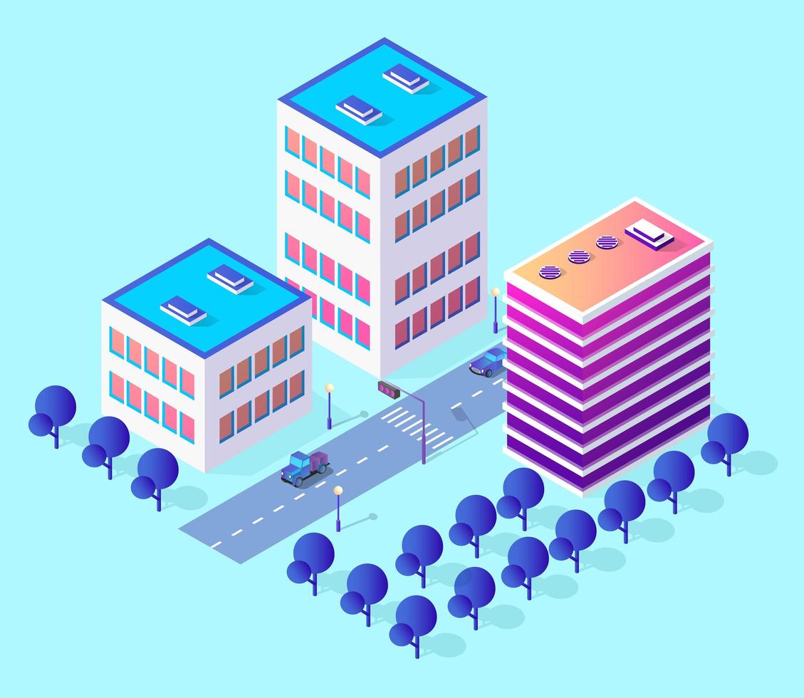 Isometric 3d module block district part of the city with a street road from the urban infrastructure of vector architecture. Modern white illustration for game design