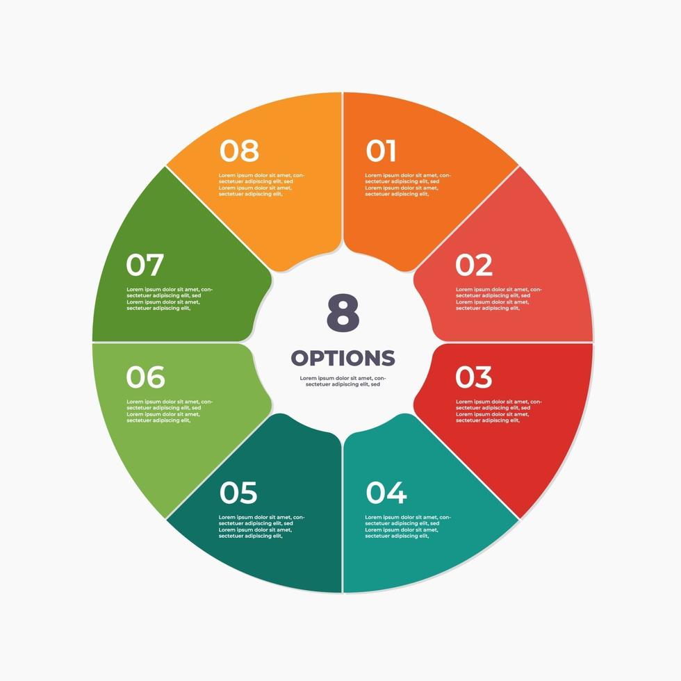 Circle chart infographic template with 8 options. vector