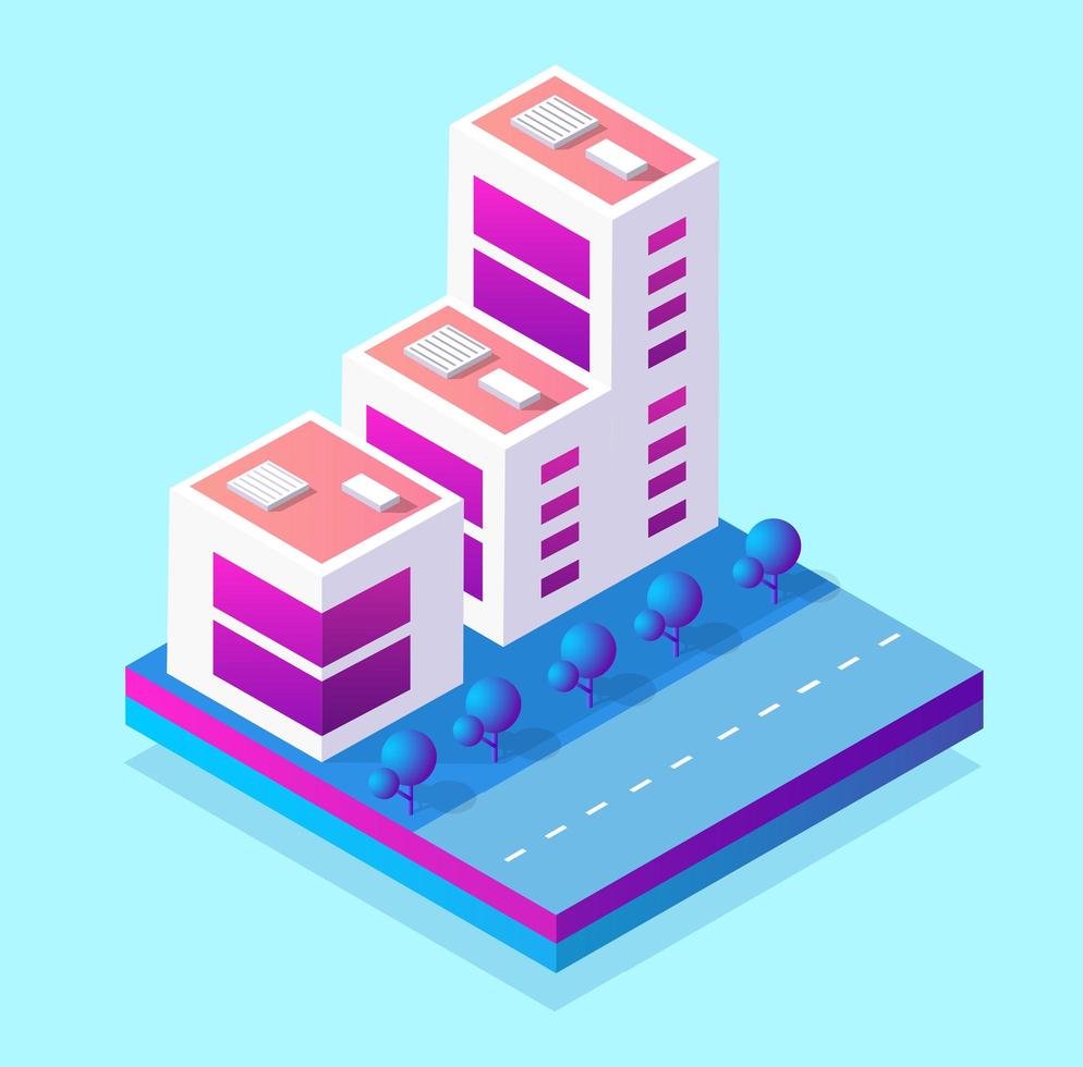 Isometric 3d block module of the district part of the city with a lawn park trees from urban infrastructure. Modern illustration for game design. vector