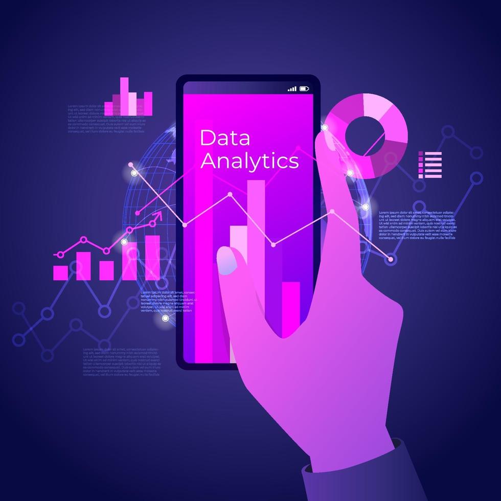 Hand holding mobile with futuristic hi-tech technology concept. Digital data analytics on smartphone with line chart and graphs. vector