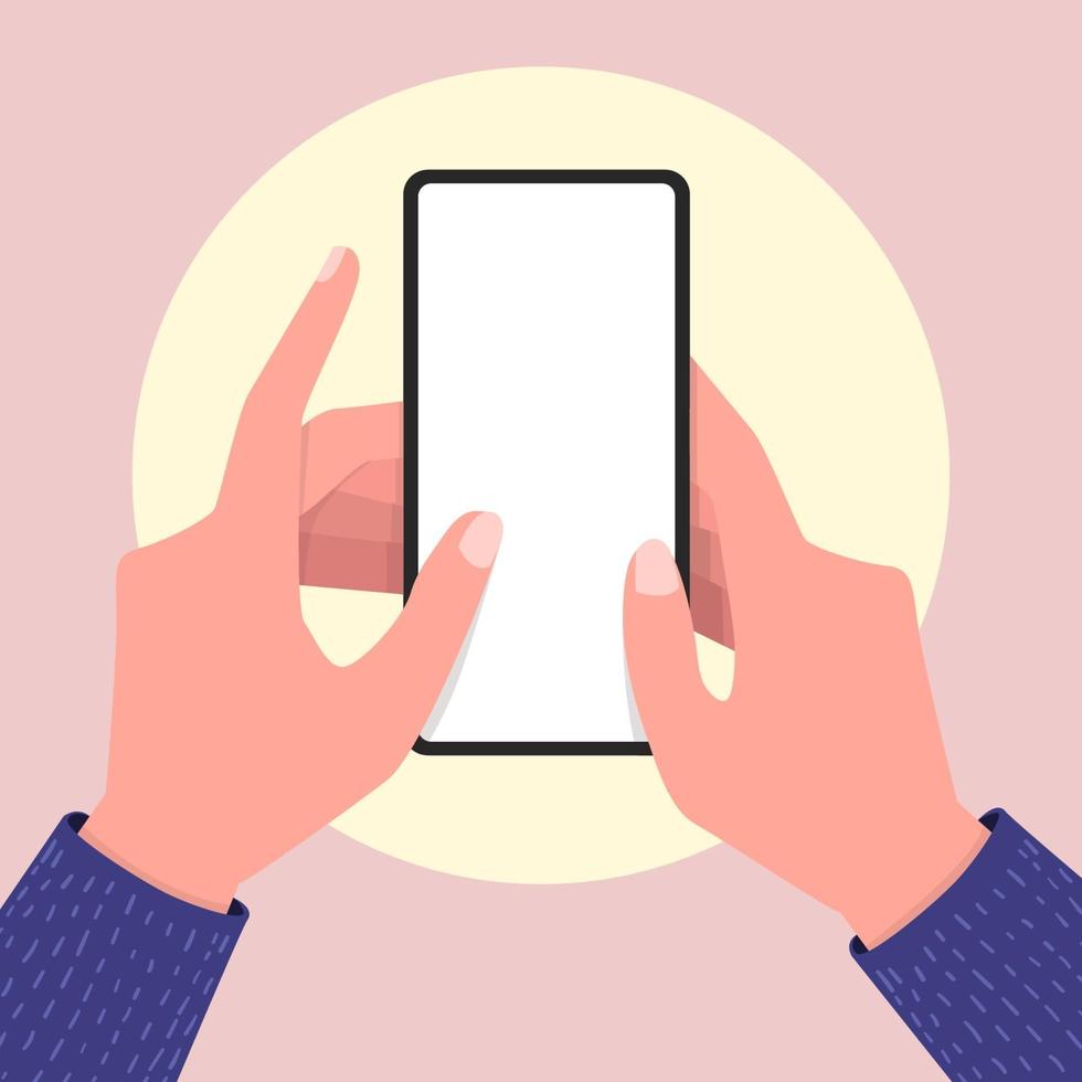 Holding empty screen mobile phone in two hands. Editable smartphone template. vector