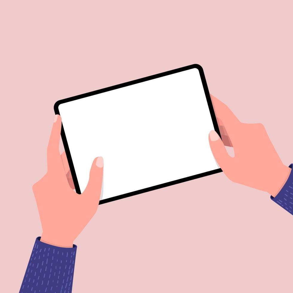 Hands holing tablet computer with blank screen. Editable tablet template. vector