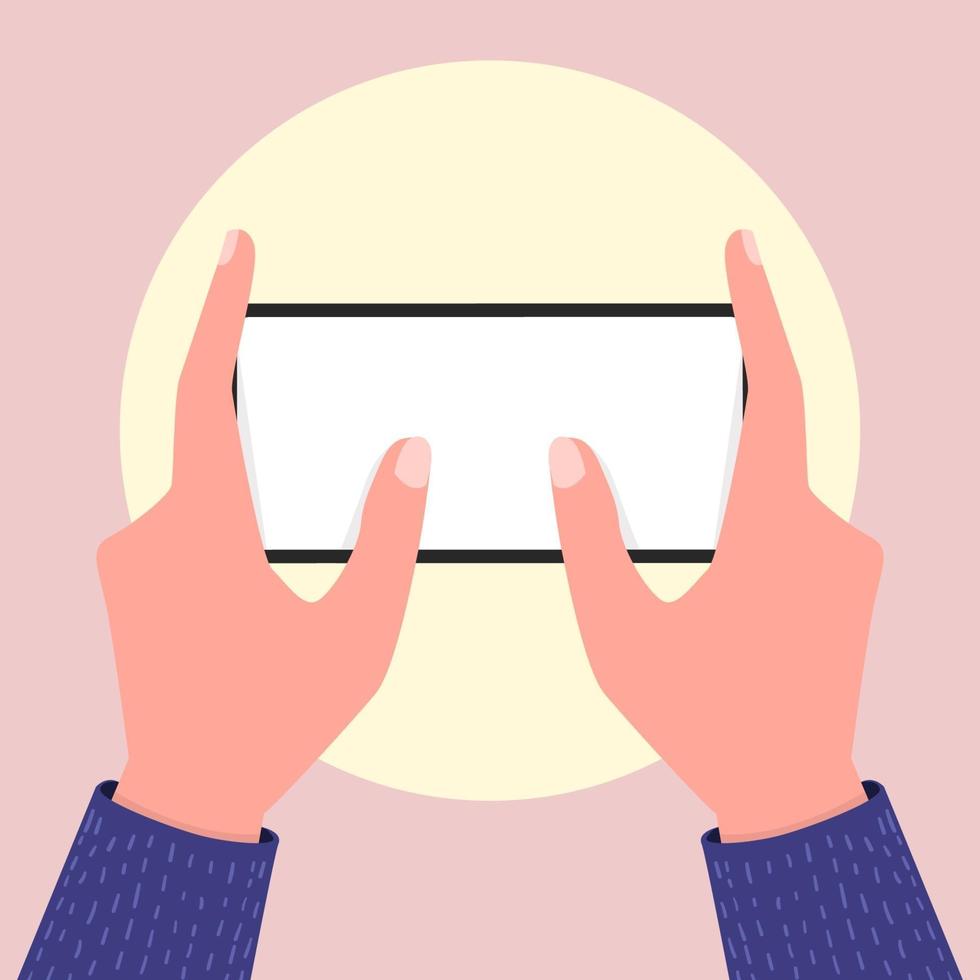 Holding empty screen mobile phone in two hands. Editable smartphone template. vector