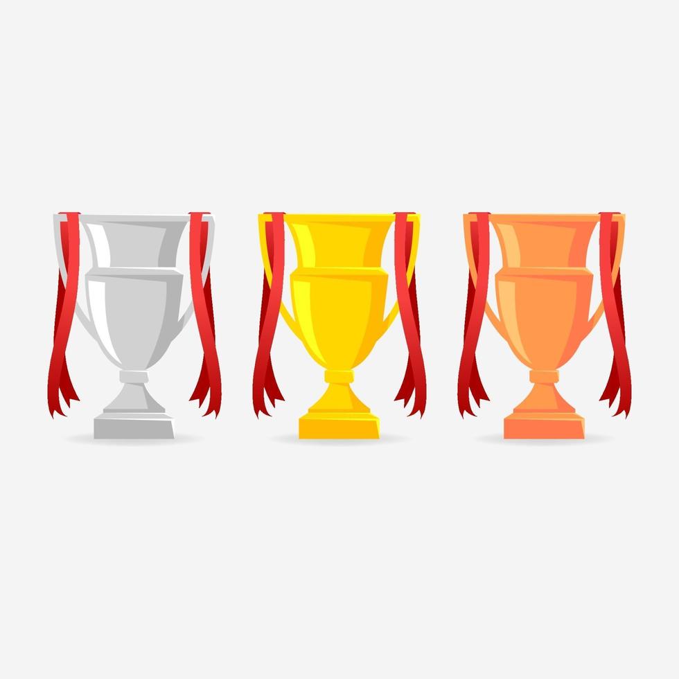 Gold, Silver and Bronze Trophy Cup with red ribbon. Cups for winners. vector
