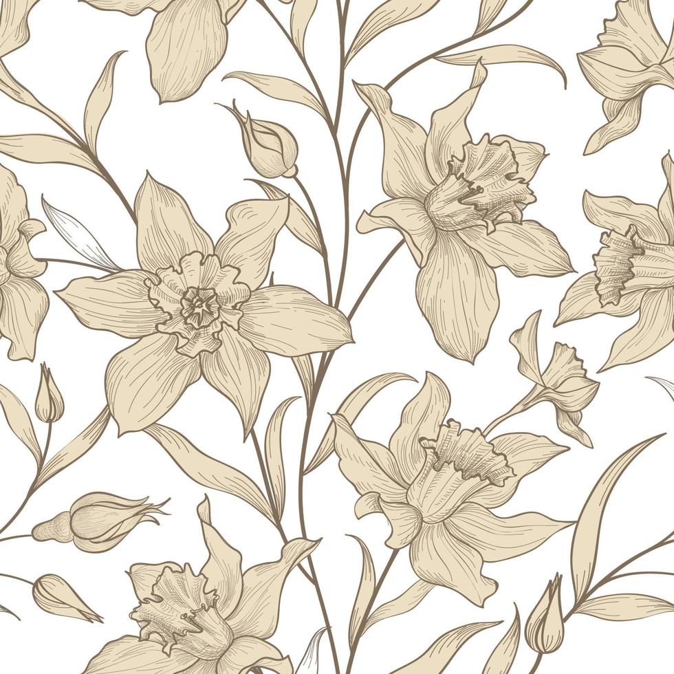 Floral seamless pattern. Flower daffodil background. Floral tile ornamental texture with flowers narcissus. Spring flourish garden drawing texture vector