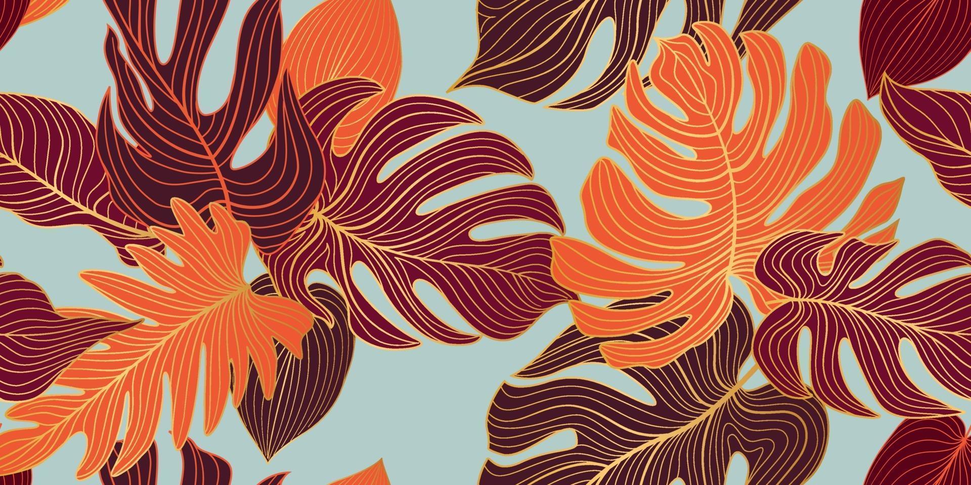 Floral seamless pattern with tropical leaves and flowers. Nature lush background. Flourish garden texture with line art leaves vector