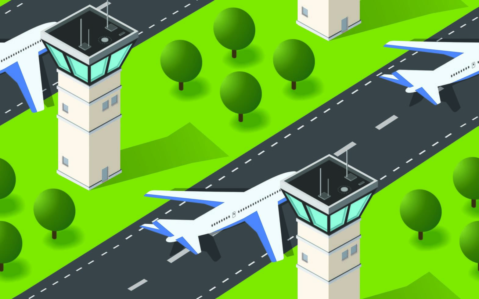 Aeropuerto de la ciudad 3d isométrico de patrones sin fisuras con aviones de transporte y la pista vector
