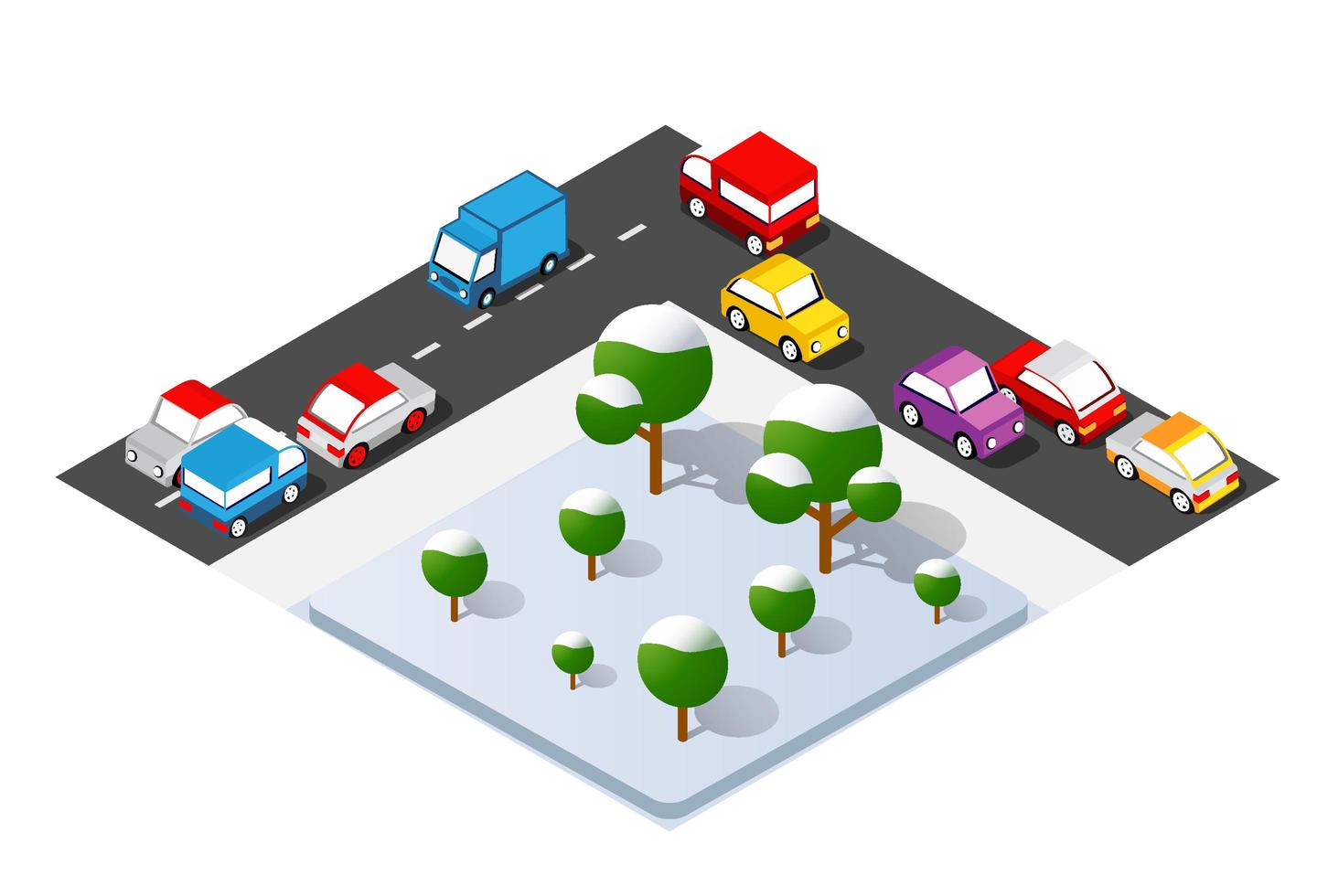 Cruce de caminos isométricos intersección de calles de carreteras con vehículos de tráfico parados en atasco vector