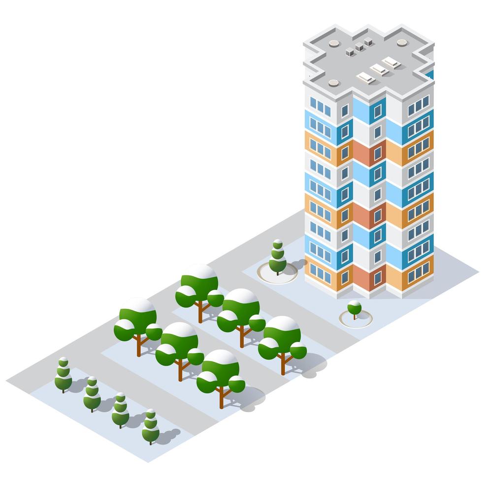 Isometric 3d module block district part of the city with a street road from the urban infrastructure of vector architecture. Modern white illustration for game design