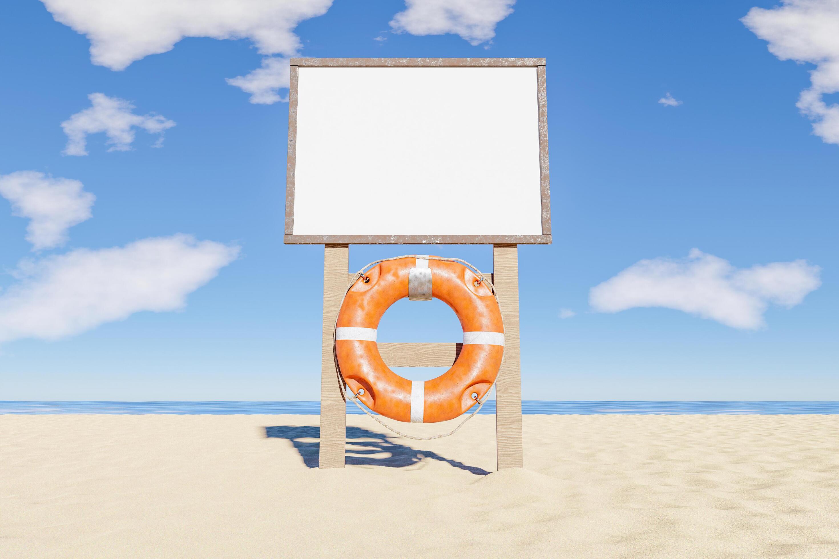 Download Mockup Of Beach Rules Sign With Lifebuoy Hanging 3d Render 2332230 Stock Photo At Vecteezy