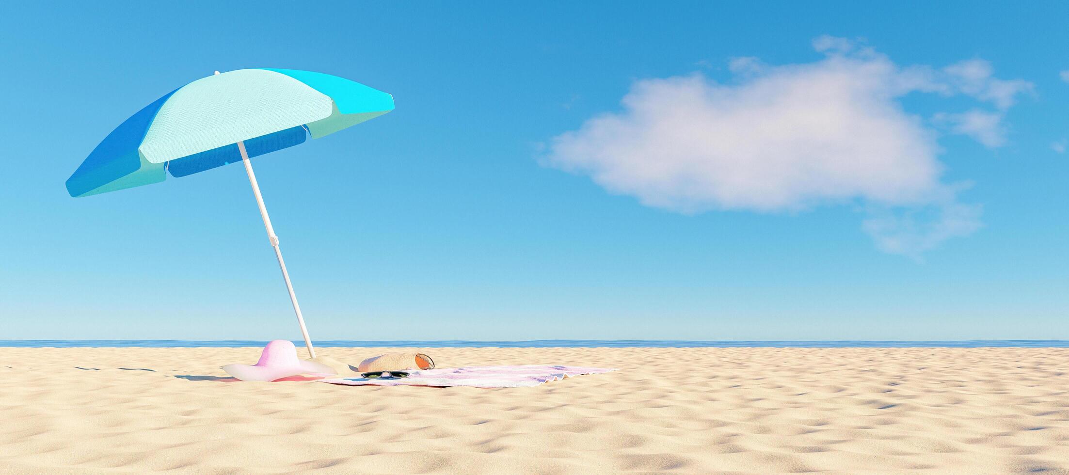 Parasol, hat, sunglasses and bag on the beach, 3d render photo