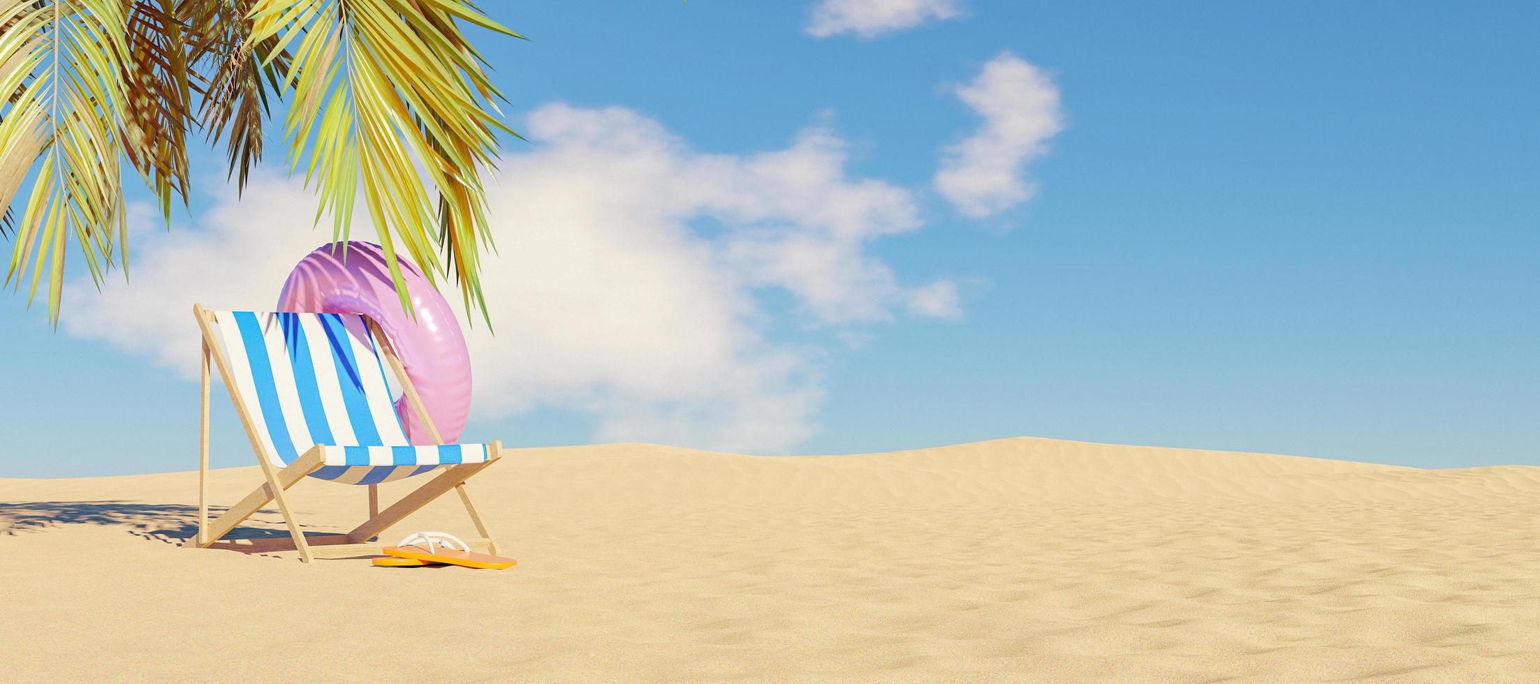 Hamaca con flotador y chanclas en la arena de la playa con sombra de palmera, 3D Render foto