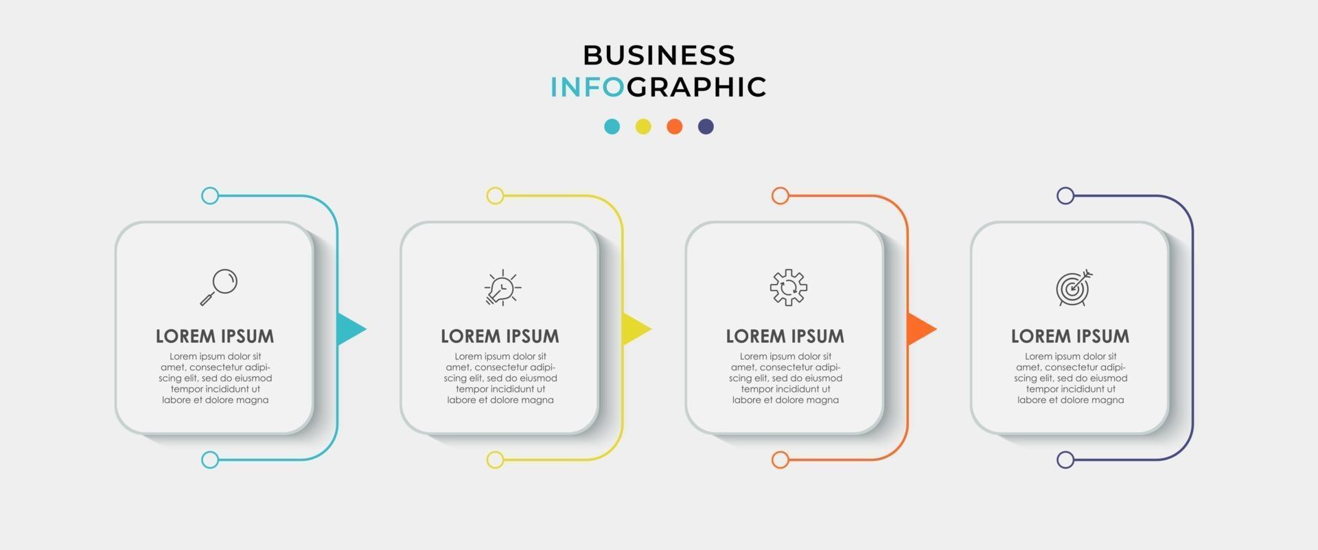 El vector de diseño de infografías y los iconos de marketing se pueden utilizar para el diseño de flujo de trabajo, diagrama, informe anual, diseño web. concepto de negocio con 4 opciones, pasos o procesos.